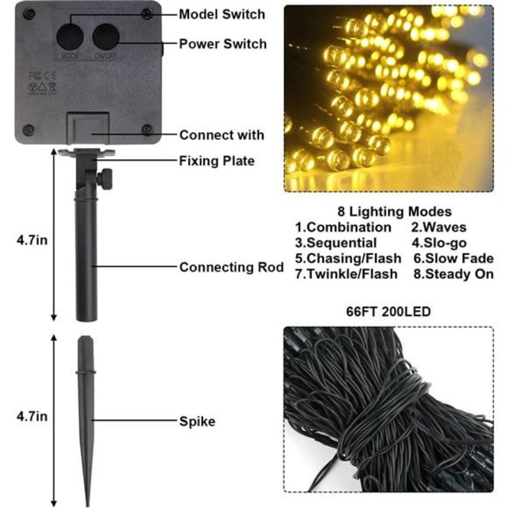 Solar String Light, 2 Pack Solar Fairy Lights w/ 8 Working Modes, 72.6FT 200 LED